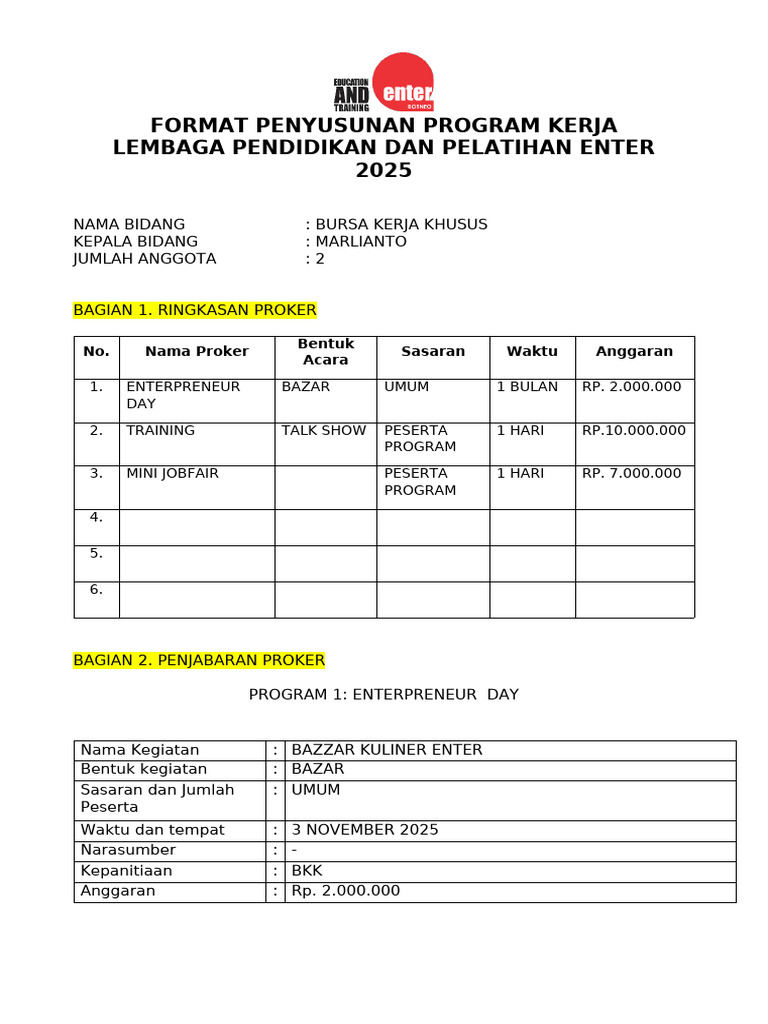 Program Kerja Bursa Kerja Khusus 2025 | PDF