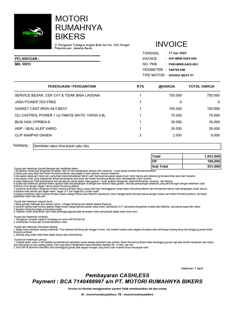 Invoice Servis Motor Honda Beat FI | PDF
