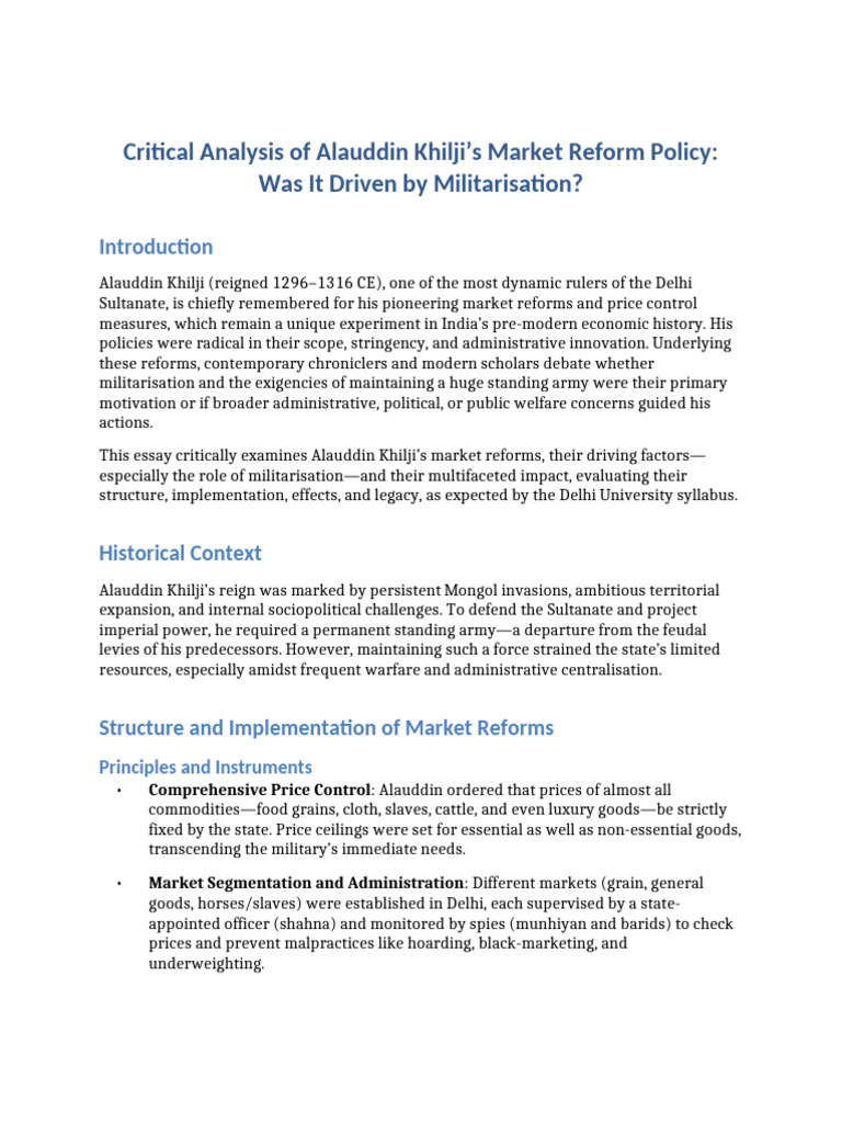 Alauddin Khilji's Market Reforms Analysis | PDF | Policy | Economies