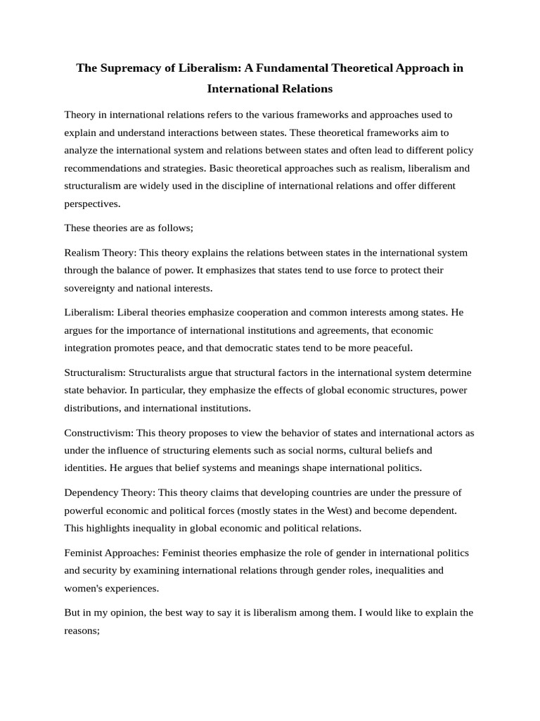 The Role of Liberalism in International Relations | PDF | International ...