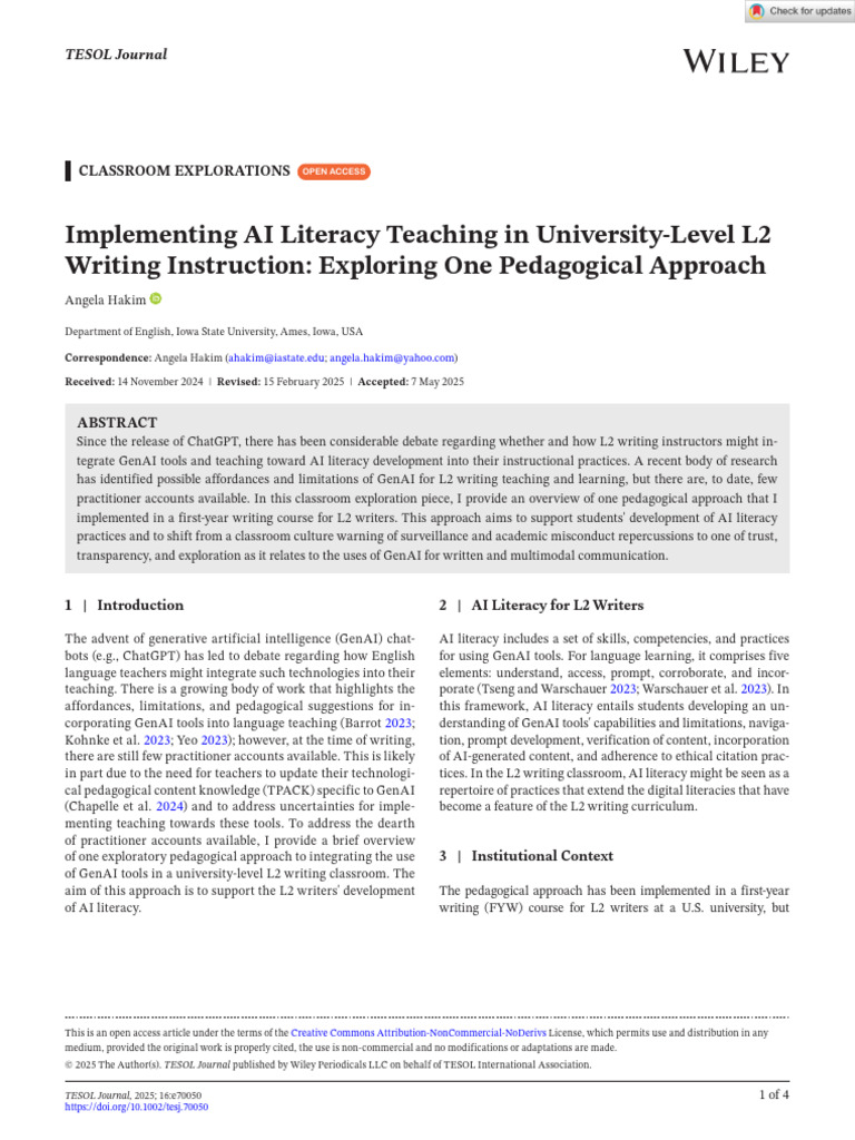 Implementing AI Literacy Teaching in University Level L2 Writing ...