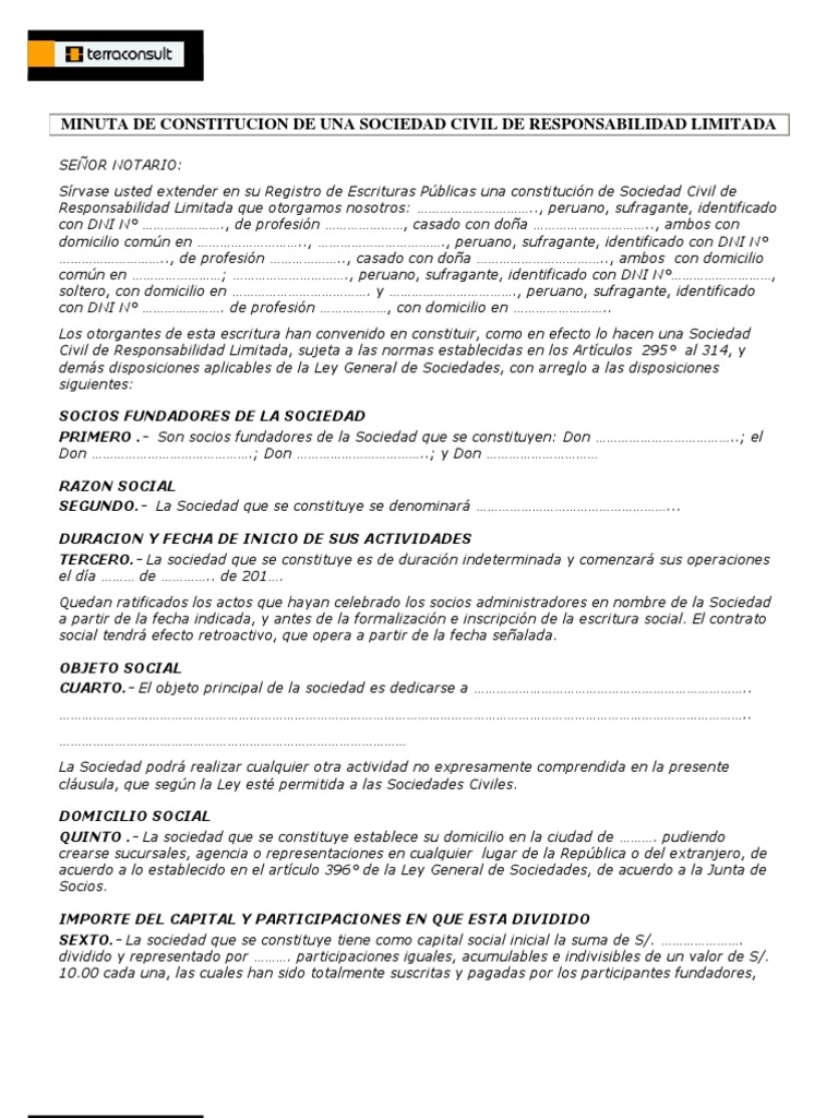 Minuta De Constitucion De Una Sociedad Civil De Responsabilidad Limitada Pdf Liquidacion Gobierno