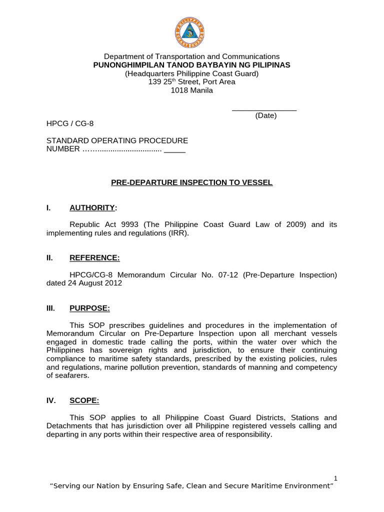Pre-Departure Inspection SOP for Vessels | PDF | Ships | Coast Guard