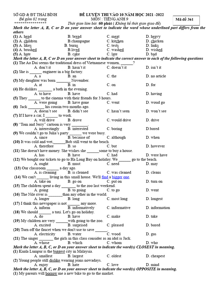 English Exam Paper for Grade 9 - 2021 | PDF | English Language