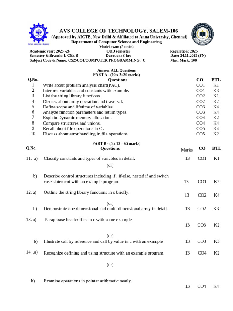 C Programming Model Exam 2025-26 | PDF | Variable (Computer Science ...