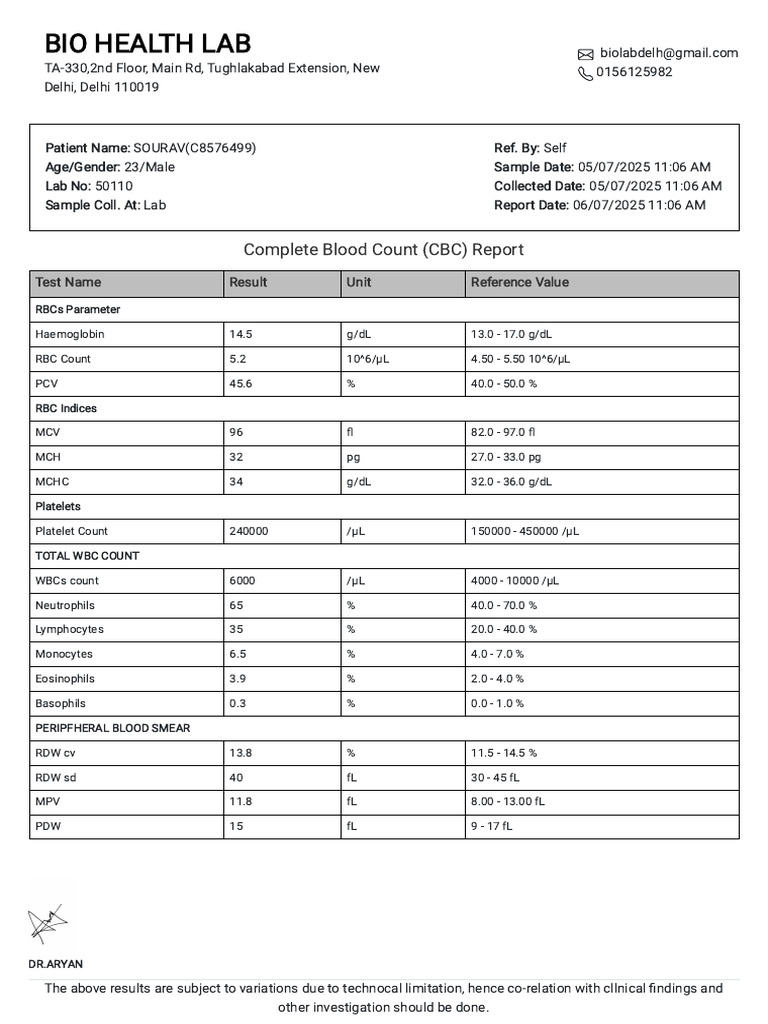 CBC Report for Patient SOURAV | PDF | White Blood Cell | Clinical Pathology