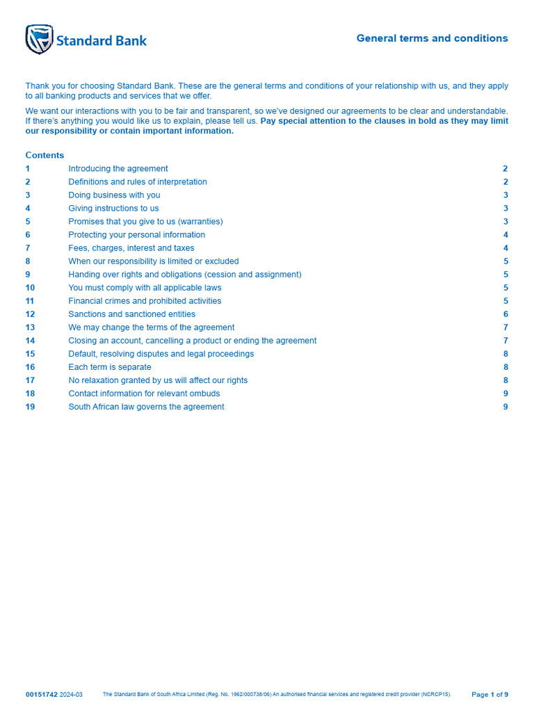 Standard Bank General Terms & Conditions | PDF | Credit | Finance ...