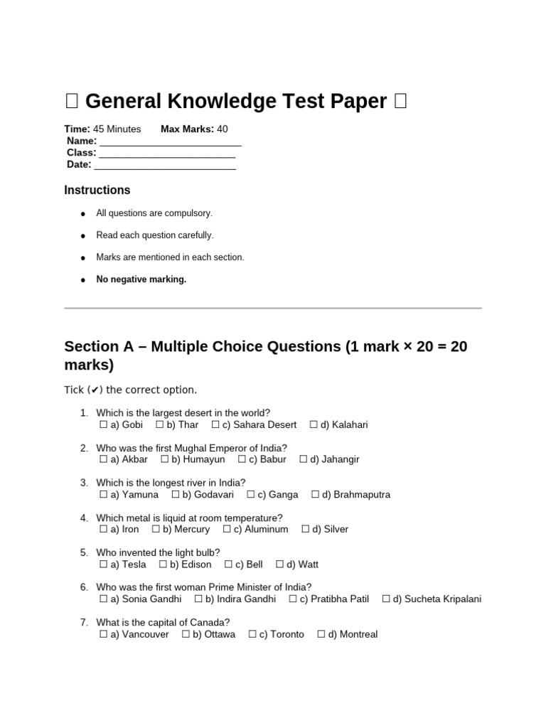 General Knowledge Test Paper for Students | PDF | Planets | Local ...