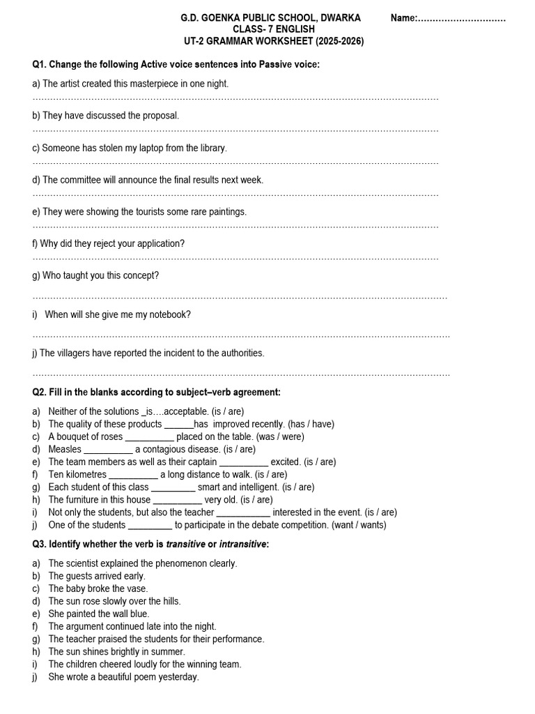 Class 7 English Grammar Worksheet | PDF