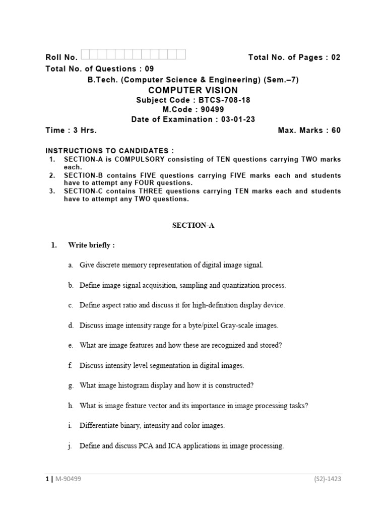 Computer Vision Exam Paper - B.Tech CSE | PDF | Image Segmentation ...