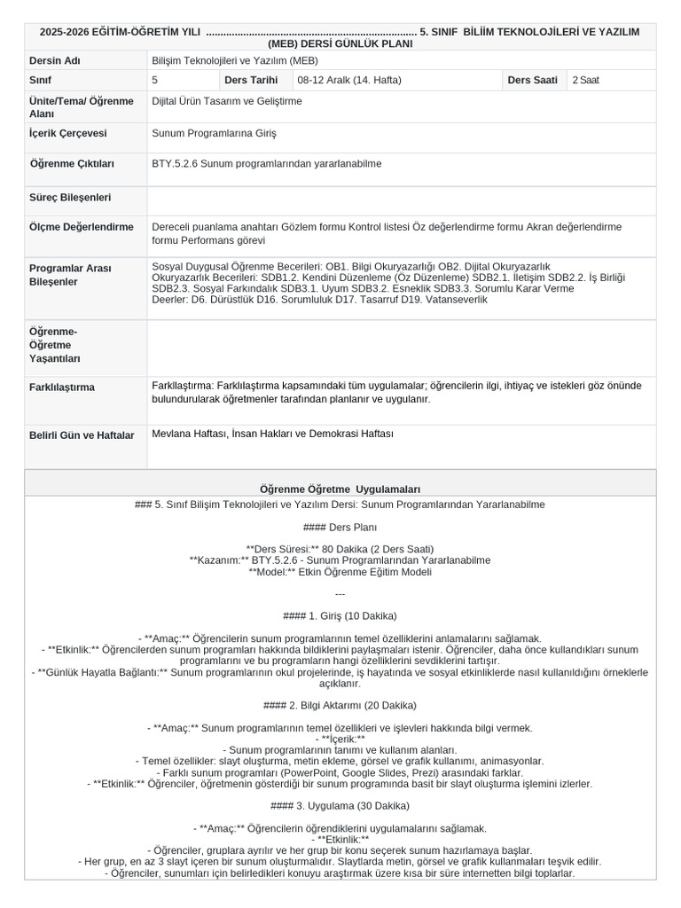 Bilisim Teknolojileri Ve Yazilim Meb 5 14 Hafta Gunluk Plan | PDF