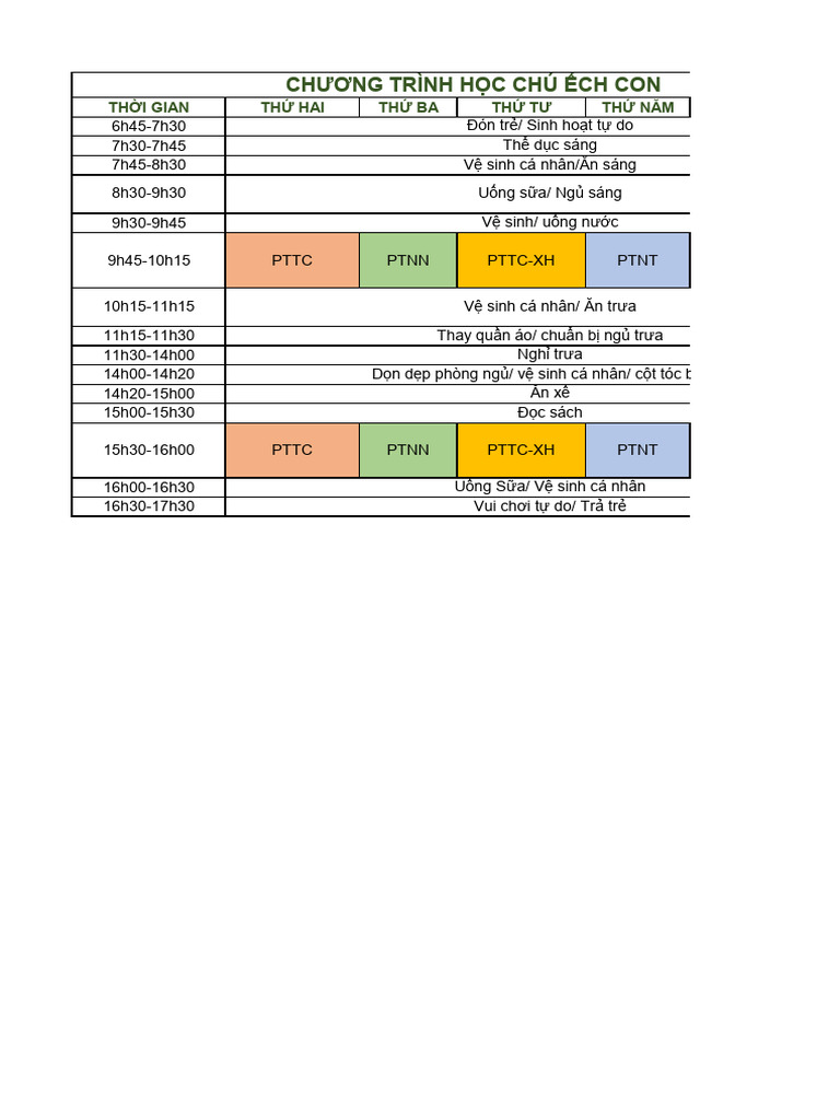 Chương Trình Học Chú Ếch Con: 6h45-7h30 7h30-7h45 7h45-8h30 8h30-9h30 | PDF