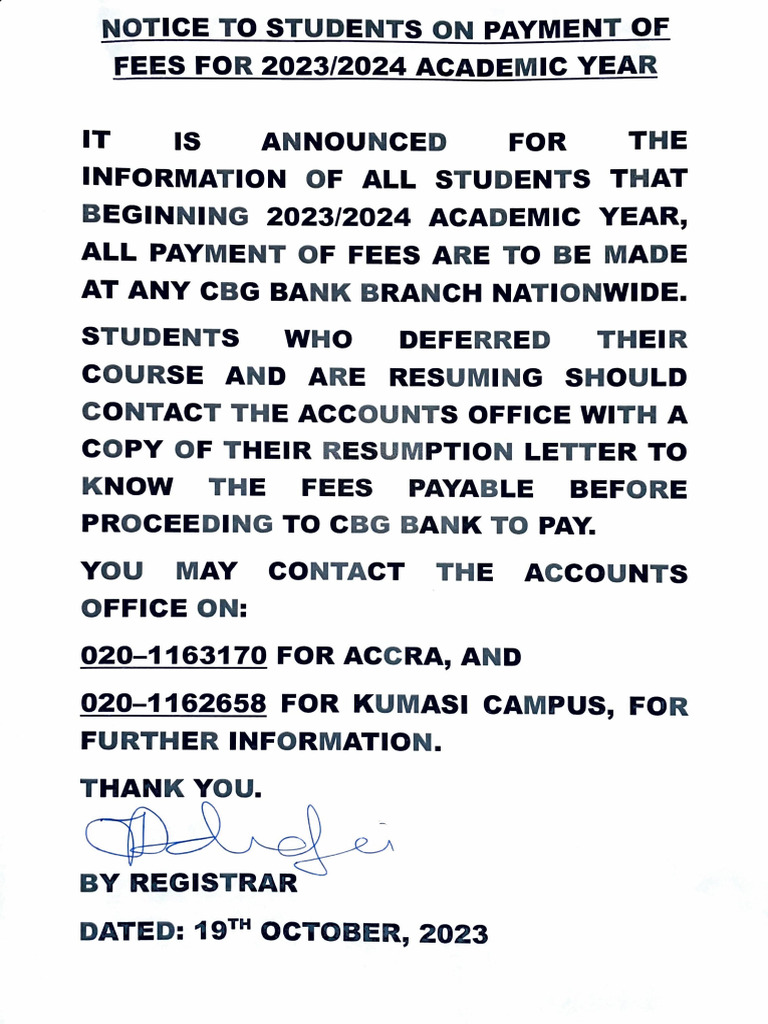 Notice To Students On Payment of Fees For 2023-2024 Academic Year | PDF