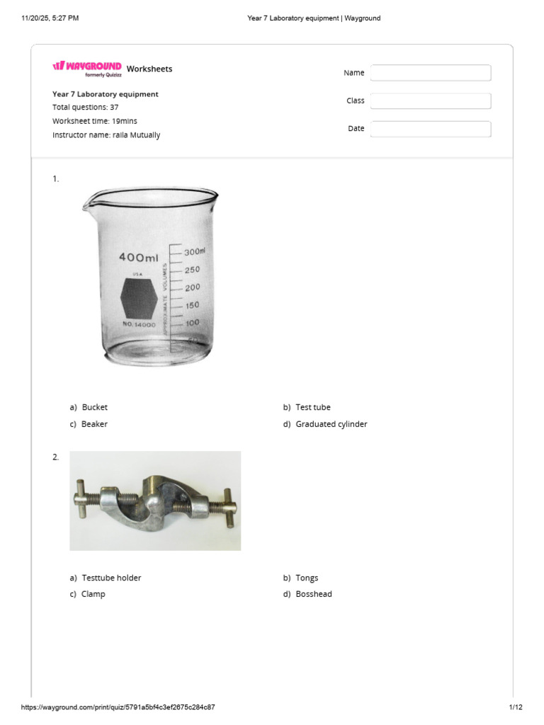 Year 7 Lab Equipment Worksheets | PDF