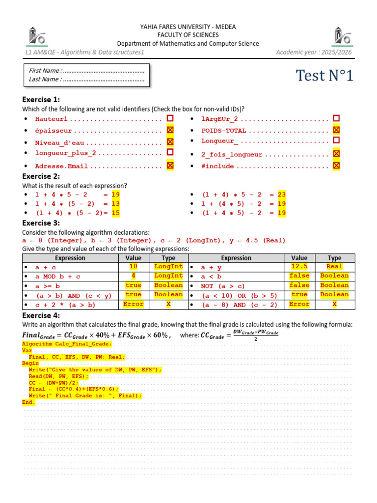 Algorithms and Data Structures Test | PDF | Boolean Data Type | Number ...
