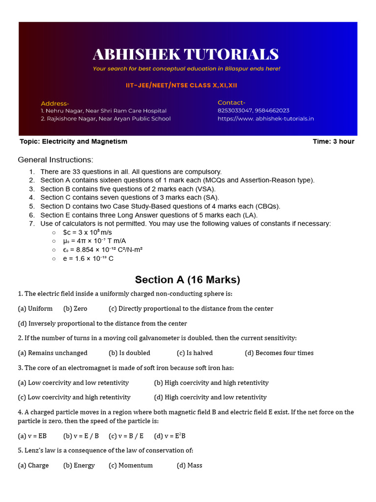 Electricity and Magnetism Exam Guide | PDF | Inductor | Electromagnetic ...