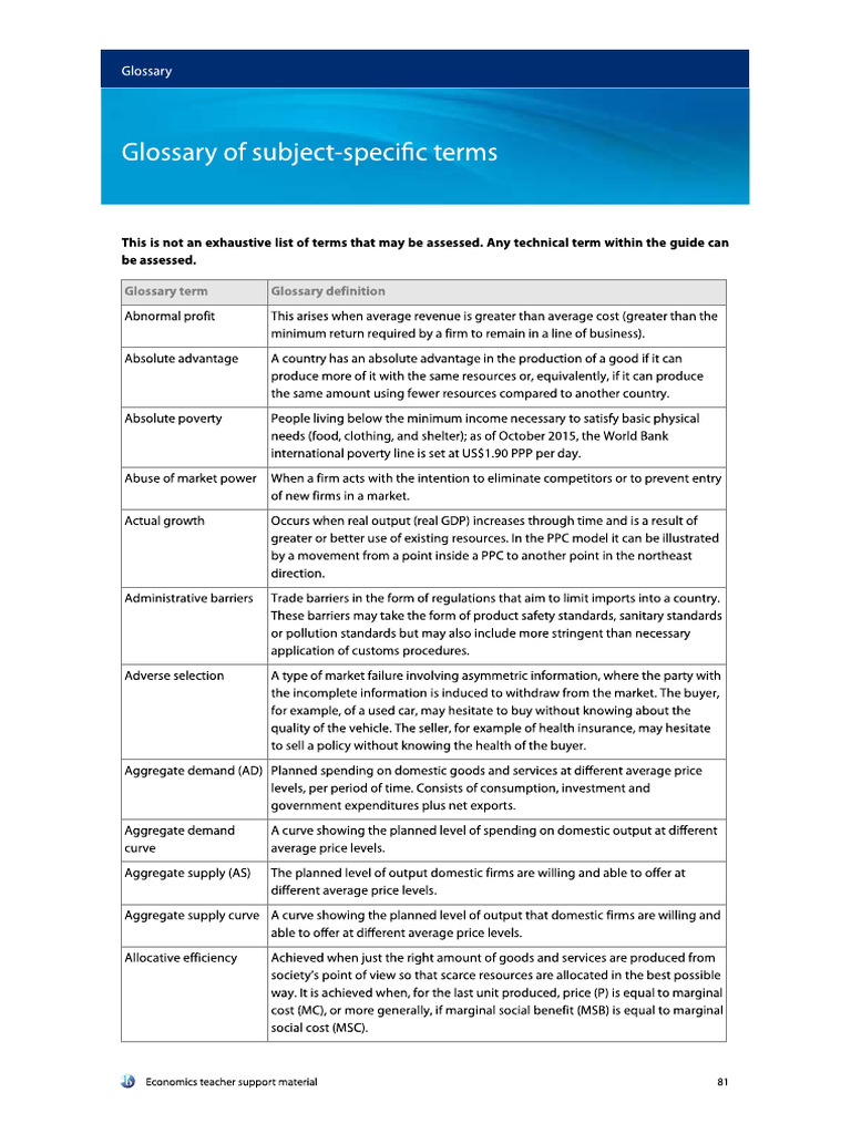 DP Economics - Glossary of Subject-Specific Terms | PDF