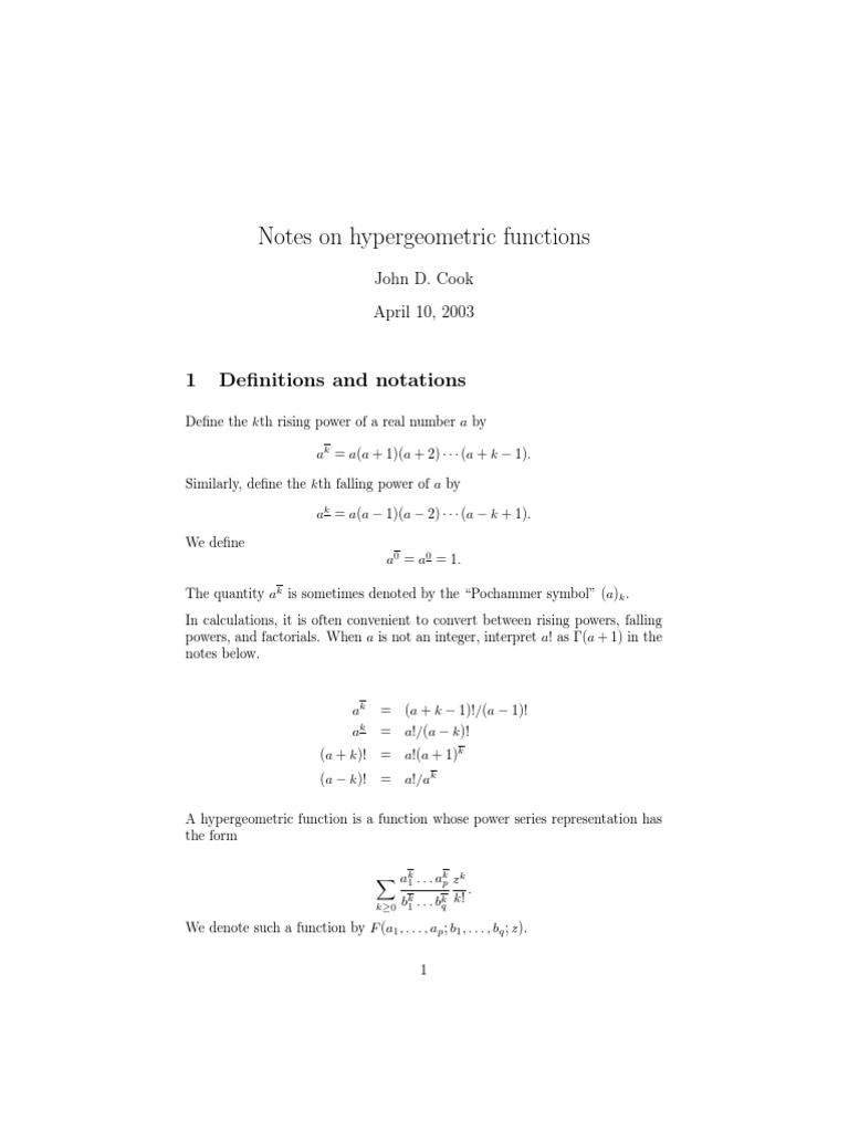 Notes On Hypergeometric Functions: 1 Definitions and Notations | PDF