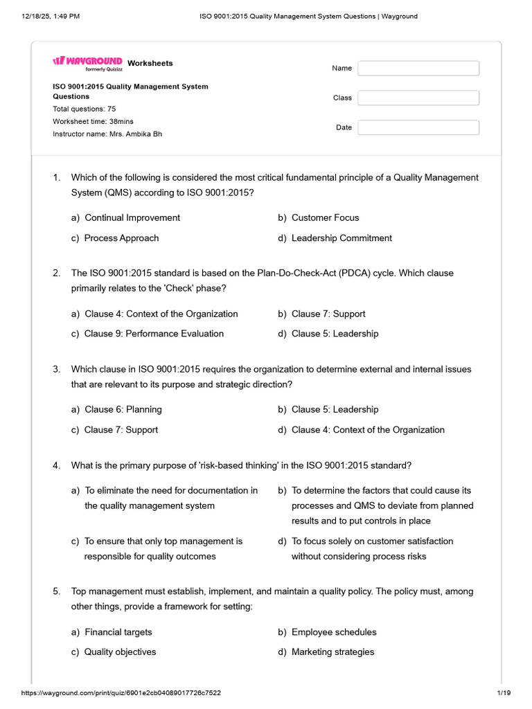 ISO 9001:2015 QMS Worksheets and Questions | PDF | Quality Management ...