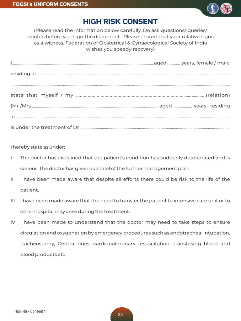 High Risk Medical Consent Form | PDF | Surgery | Health Care