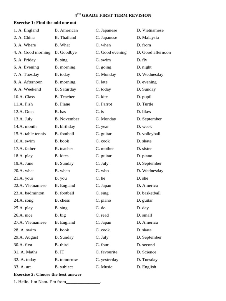 4th Grade First Term Revision | PDF | Hanoi | Vietnam