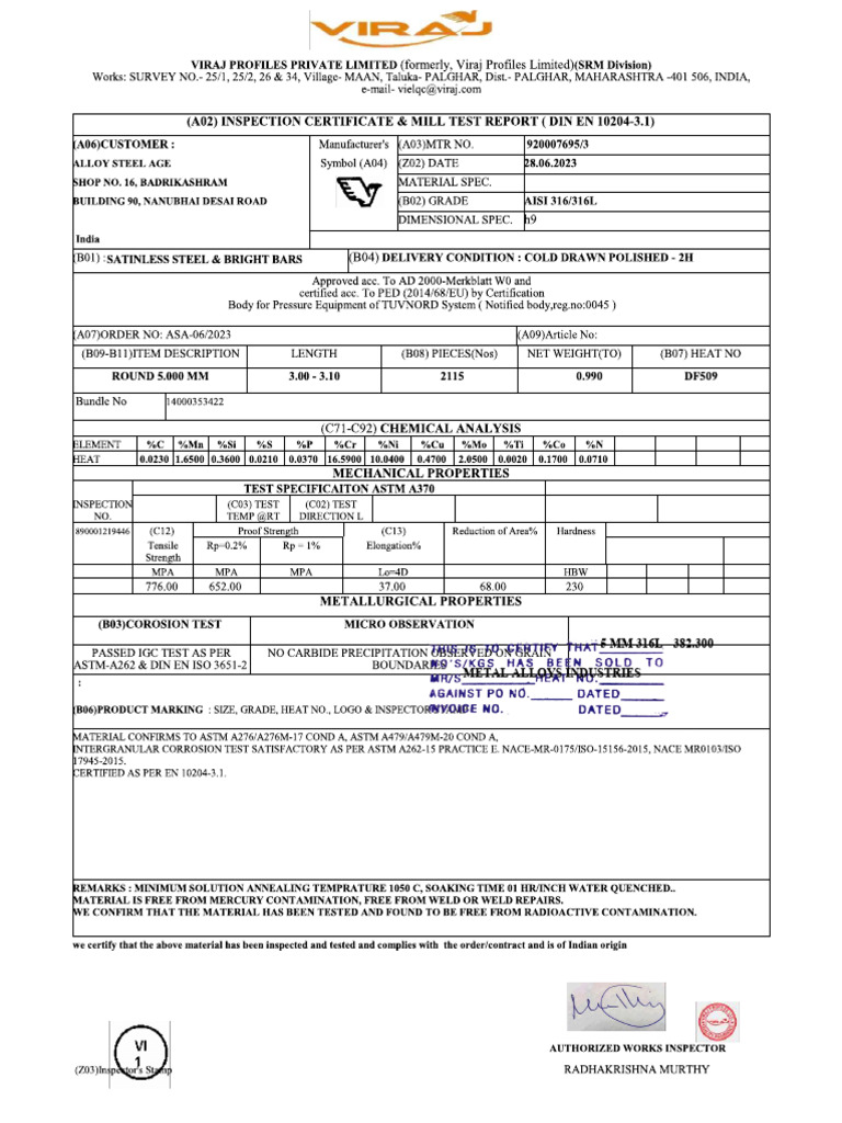 5 MM 316 Prime MTC | PDF