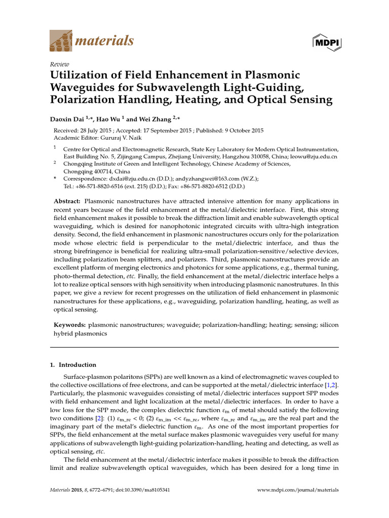 Field Enhancement in Plasmonic Waveguides | PDF | Electromagnetism | Light