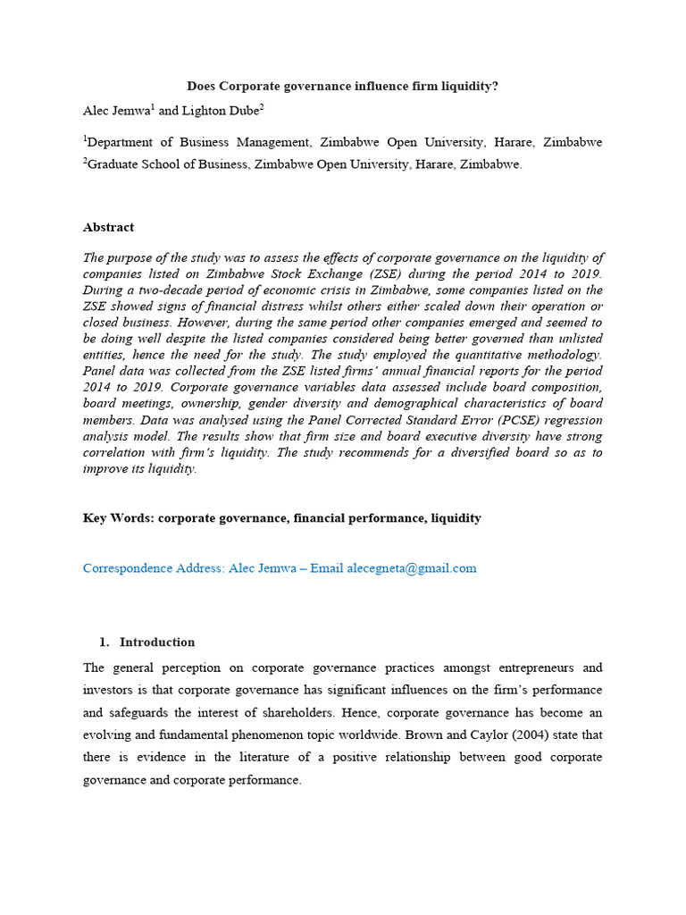 Effects of Corporate Governance On Liquidity | PDF | Governance ...