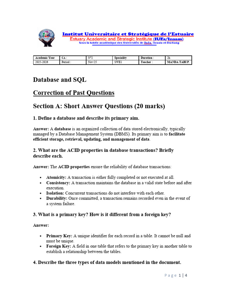 Database and SQL Exam Corrections | PDF | Databases | Database Transaction