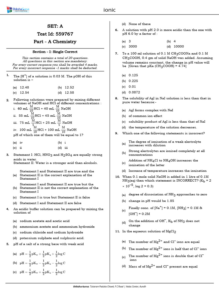 Chemistry Test Questions and Answers | PDF | Chloride | Ph