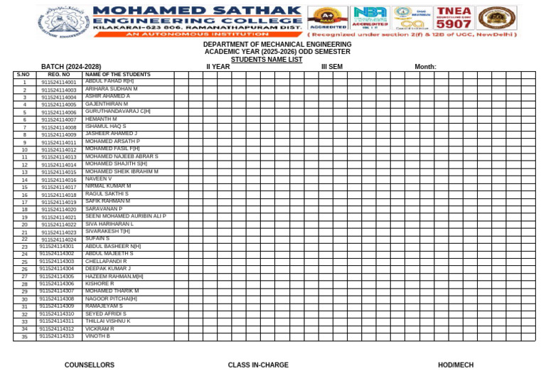 Mechanical Engineering Student List 2025 | PDF