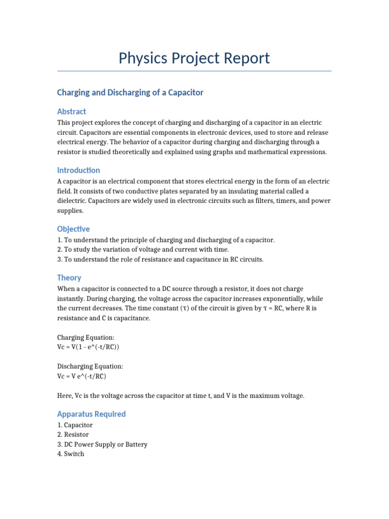 Physics Project Charging and Discharging of Capacitor | PDF | Capacitor ...