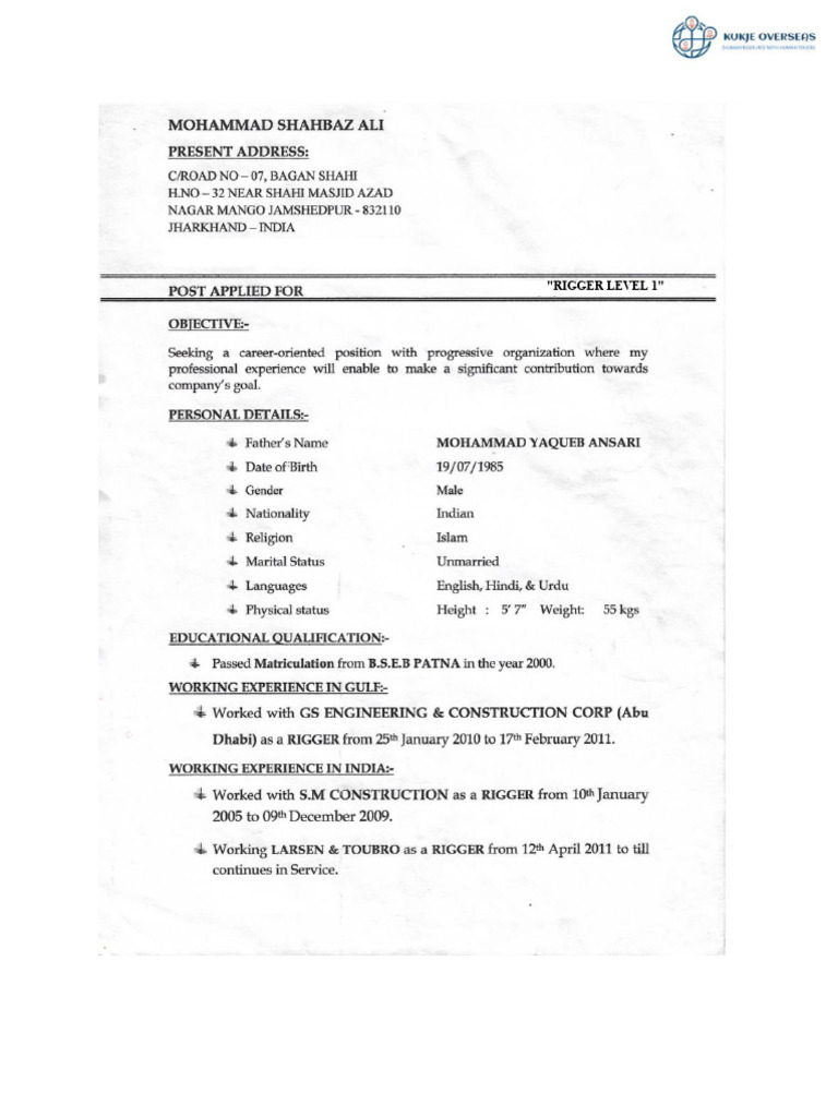 Mohammad Shahbaz Ali - n7168423 - Rigger Level 1 | PDF