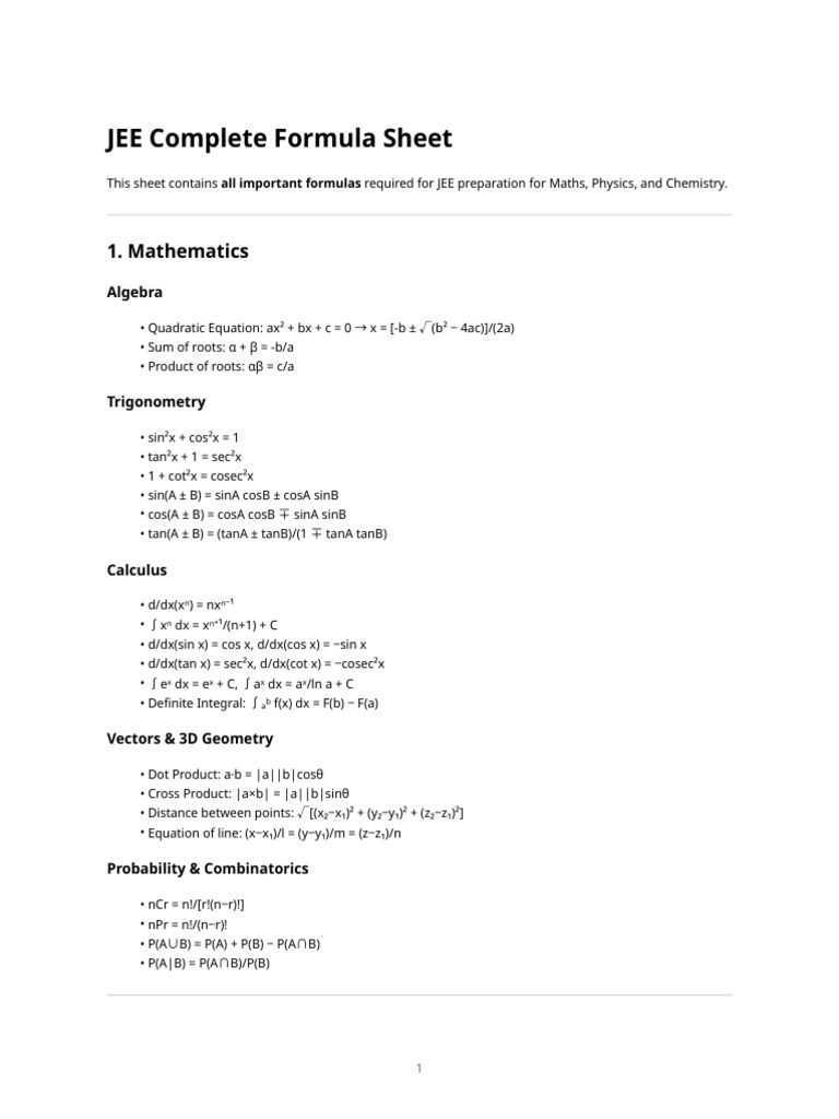 JEE Essential Formula Sheet | PDF | Force | Mathematics