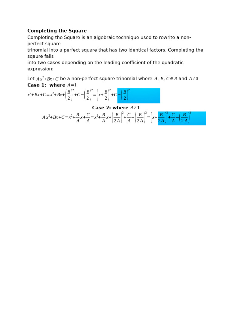 Completing the Square in Algebra | PDF