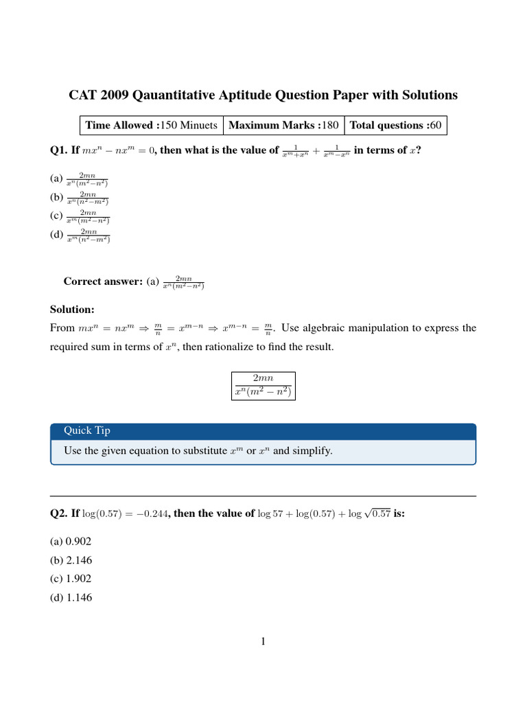 CAT 2009 Quantitative Aptitude Solutions | PDF | Square Root ...