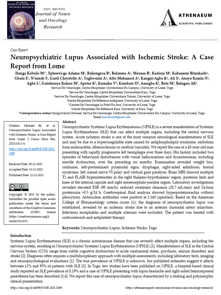 Neuropsychiatric Lupus Associated With Ischemic Stroke a Case Report ...