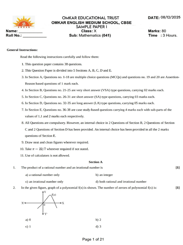 1 - Mathematics Sample Paper 1 (2025 - 2026) | PDF