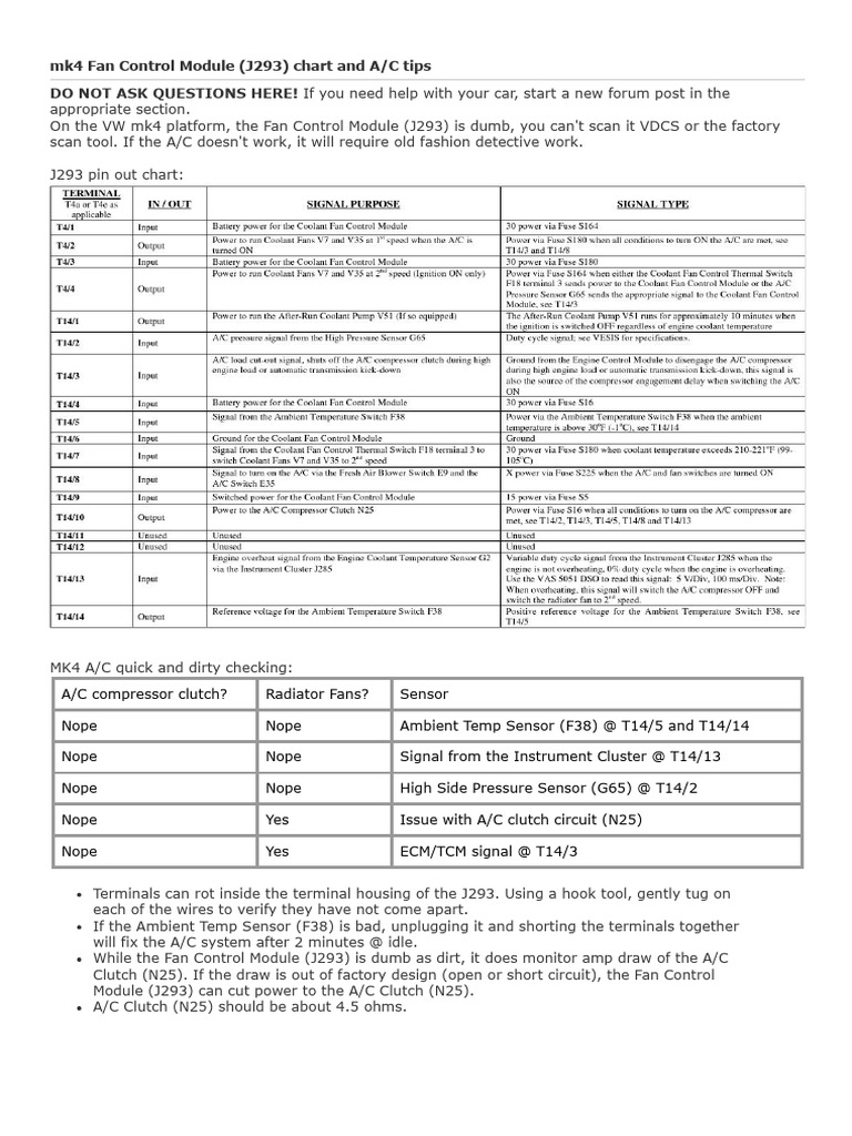 Mk4 Fan Control Module (J293) Chart and A - C Tips | PDF