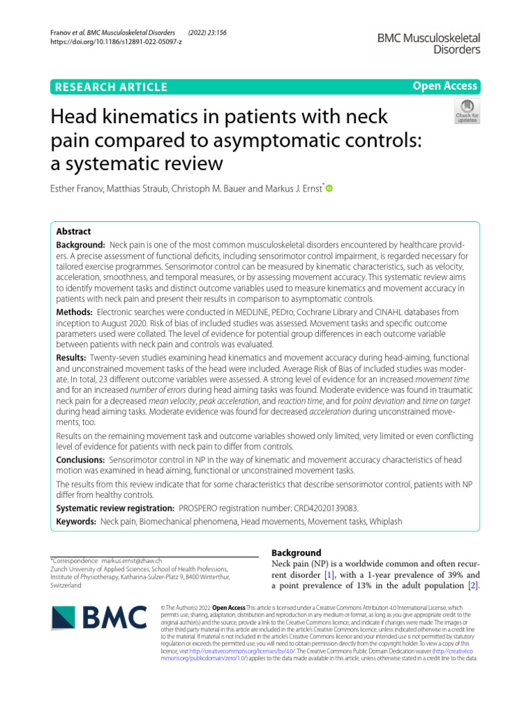 Neck Pain and Head Kinematics Review | PDF | Motor Control | Systematic ...