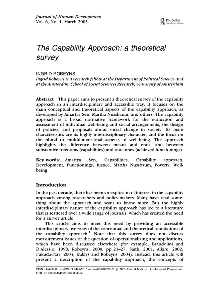 I Robeyns, The Capability Approach. A Theoretical Survey (2005) | PDF