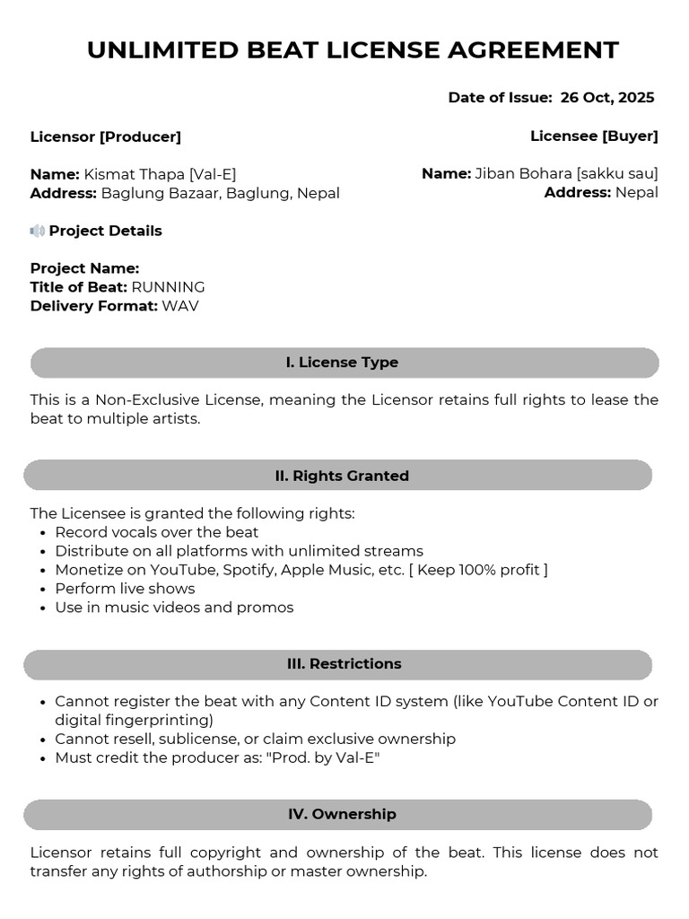 Non-Exclusive Beat License Agreement | PDF