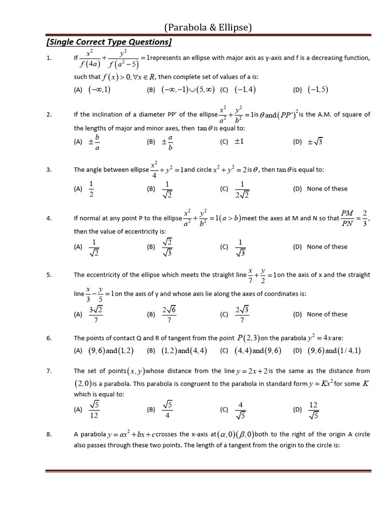 Parabola and Ellipse: Problem Set | PDF | Ellipse | Differential Geometry