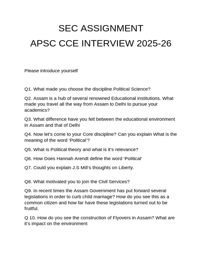 APSC CCE Interview Questions 2025-26 | PDF