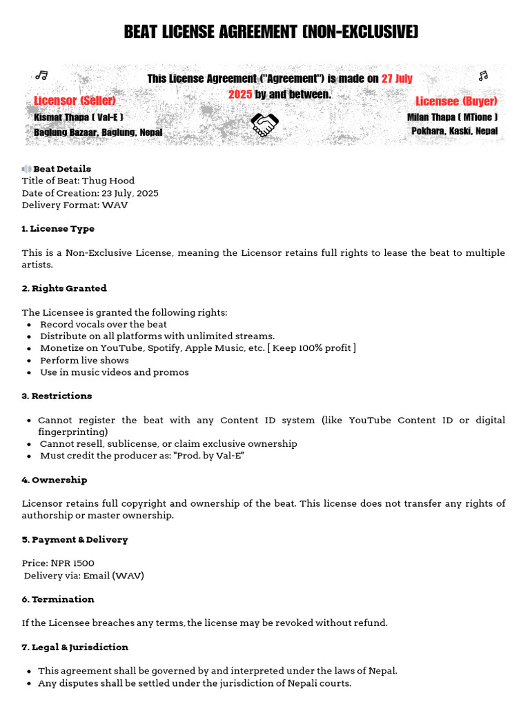 Non-Exclusive Beat License Agreement | PDF