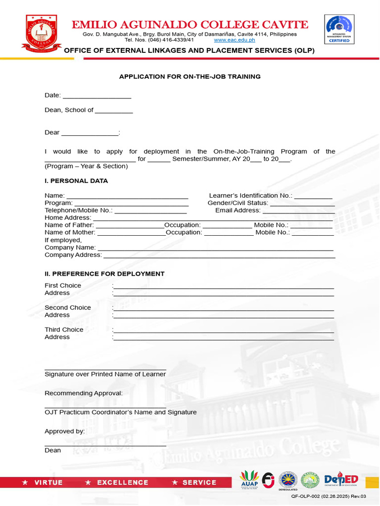 QF OLP 002 02.26.2025 Rev.03 Application Form For On The Job Training ...