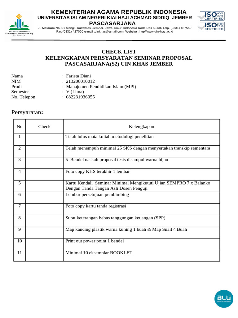 Aish - Check List Kelengkapan Persyratan Sempro, Semhas, Tesis | PDF