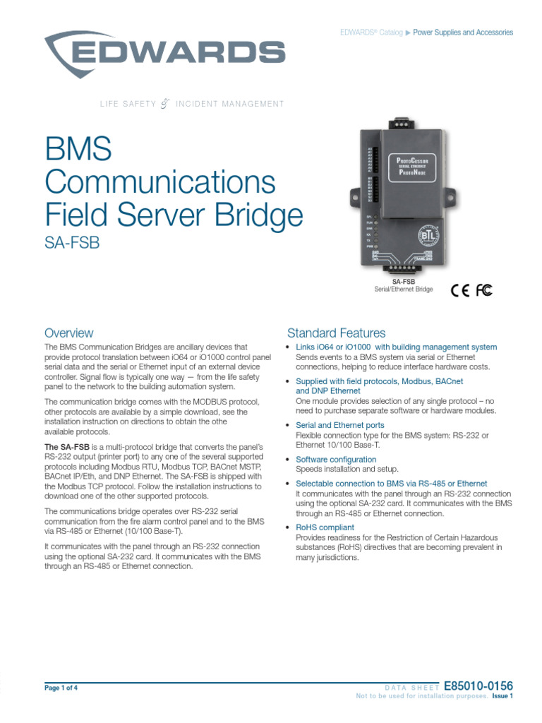 BMS Communication Bridge Data Sheet | PDF | Ethernet | Building Automation