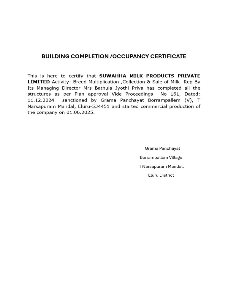 Building Completion Certificate for Suwahha Milk | PDF