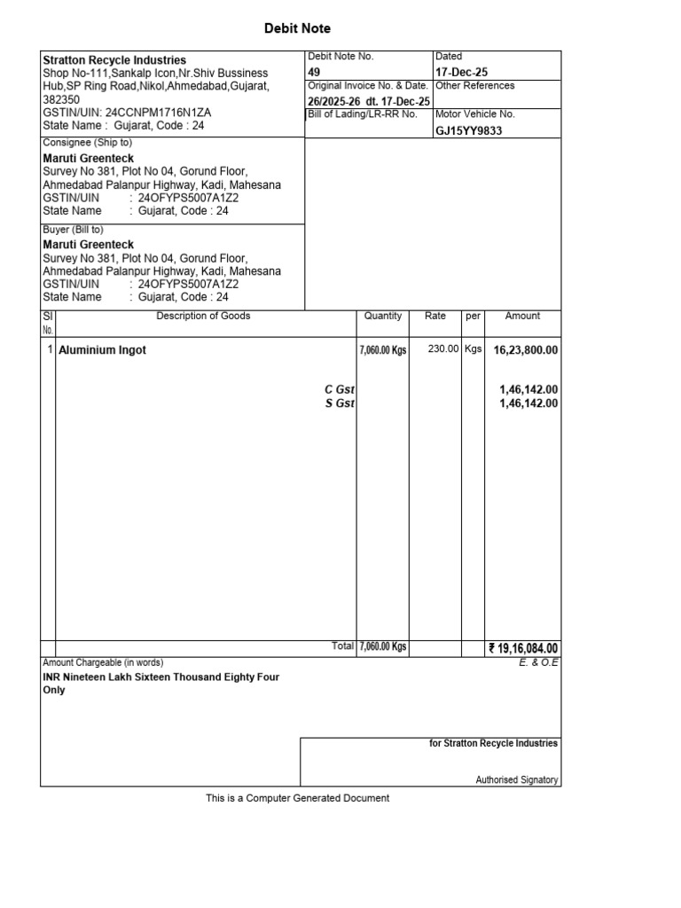 Debit Note for Aluminium Ingot Sale | PDF